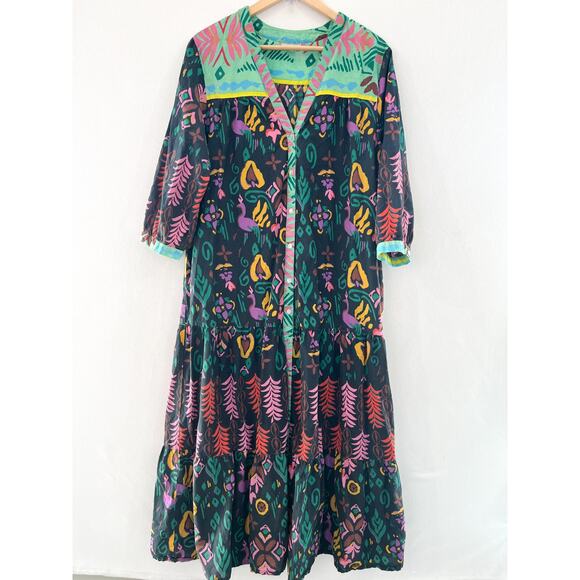 Be Boho Printed Maxi Dress Womens Medium Cotton Tiered Dress Indie Button Front - Picture 1 of 6